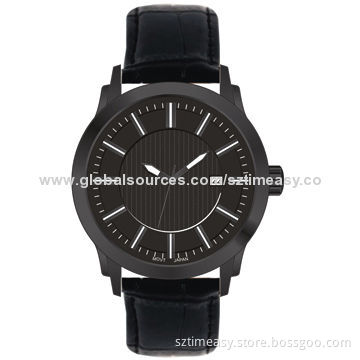 Luxury wristwatch with date function, metal case and genuine leather band
